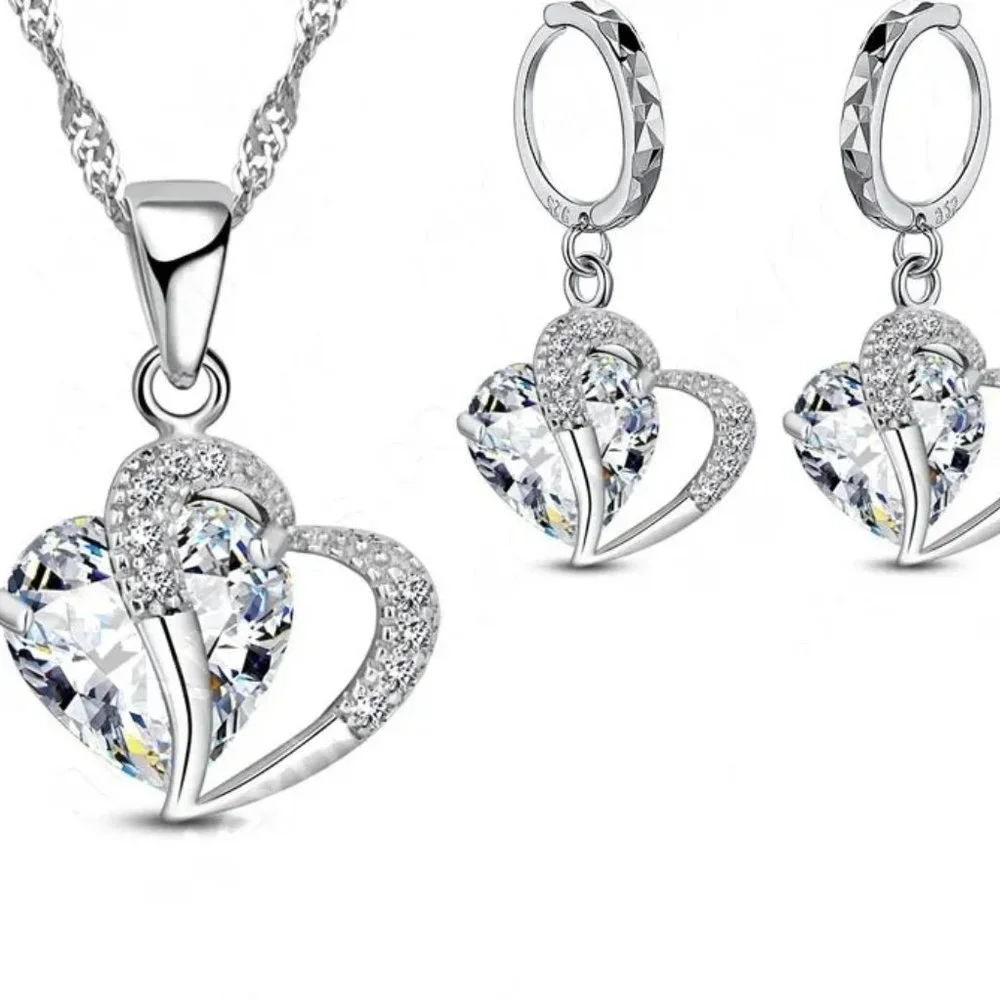 Cute 4Pc Diamond Hearts 💕 Set Pendant, Earrings &18" Chain Sterling Silver - Picture 2 of 2
